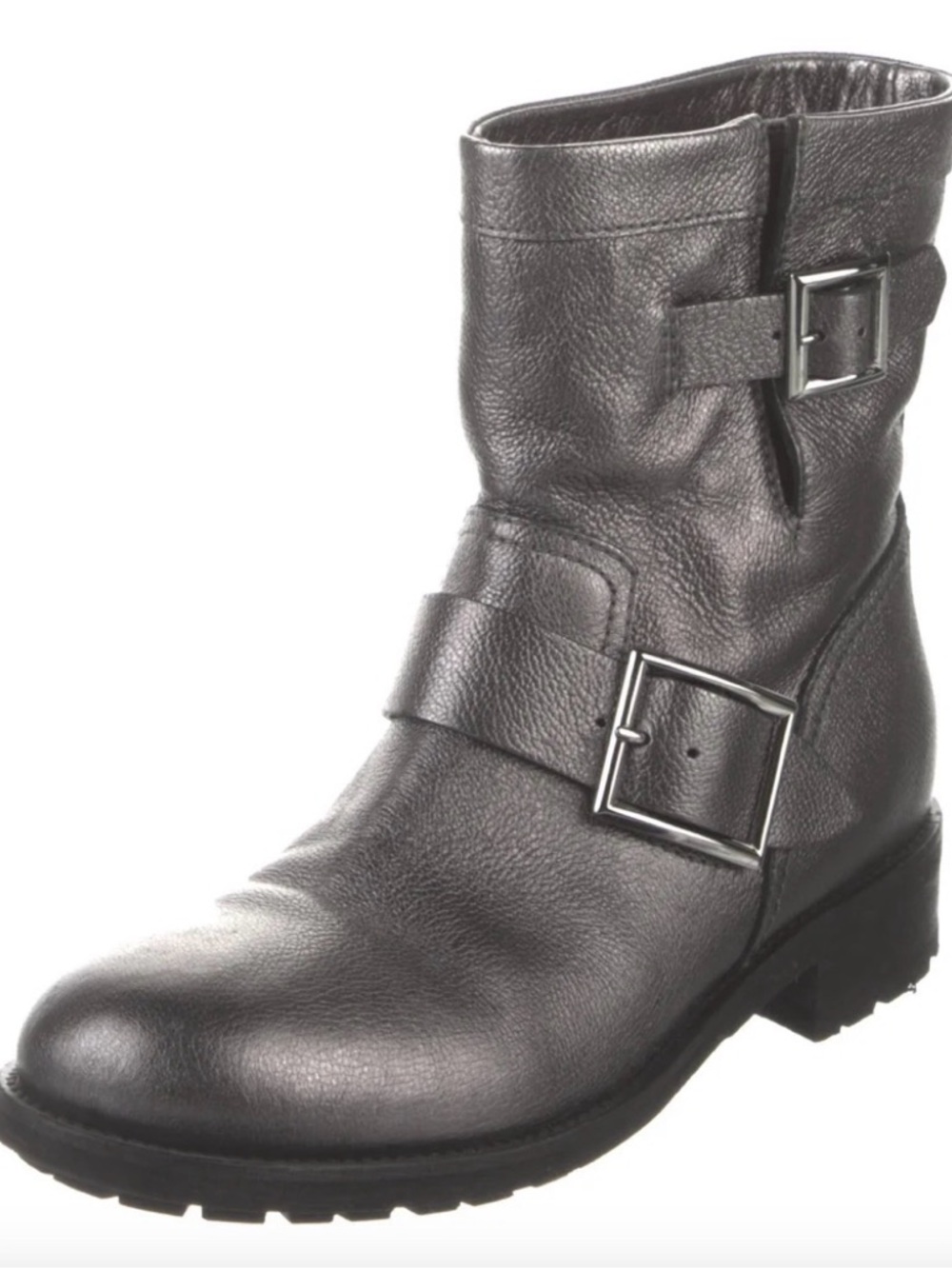 Jimmy Choo Metallic Gray Leather Buckle Moto Boot